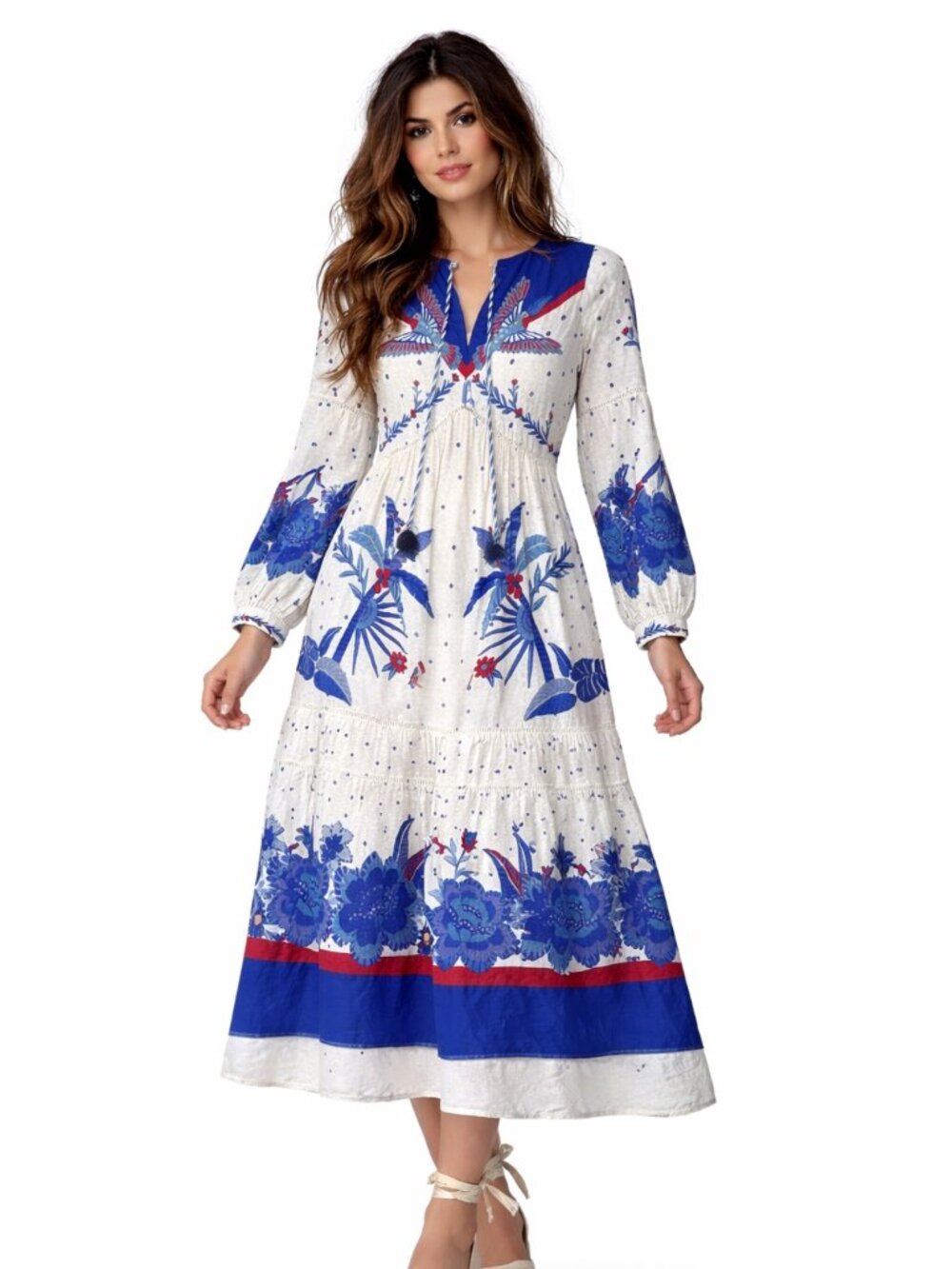 Farm Rio white blue floral bid print midi dress size XS